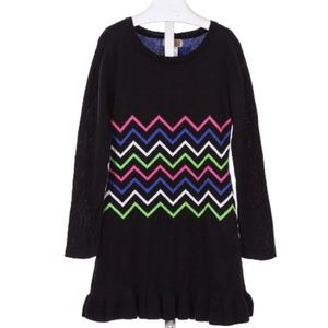 NWT Studio 342 Black Multi Colorful Zig Zag Knit Long Sleeve Dress
